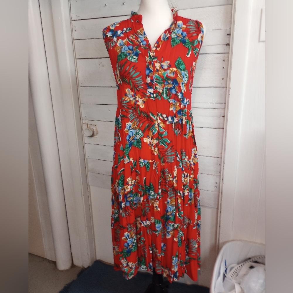 Koy Shop Red Floral Maxi Dress Medium Sleeveless Boho Tropical Coastal